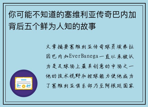 你可能不知道的塞维利亚传奇巴内加背后五个鲜为人知的故事